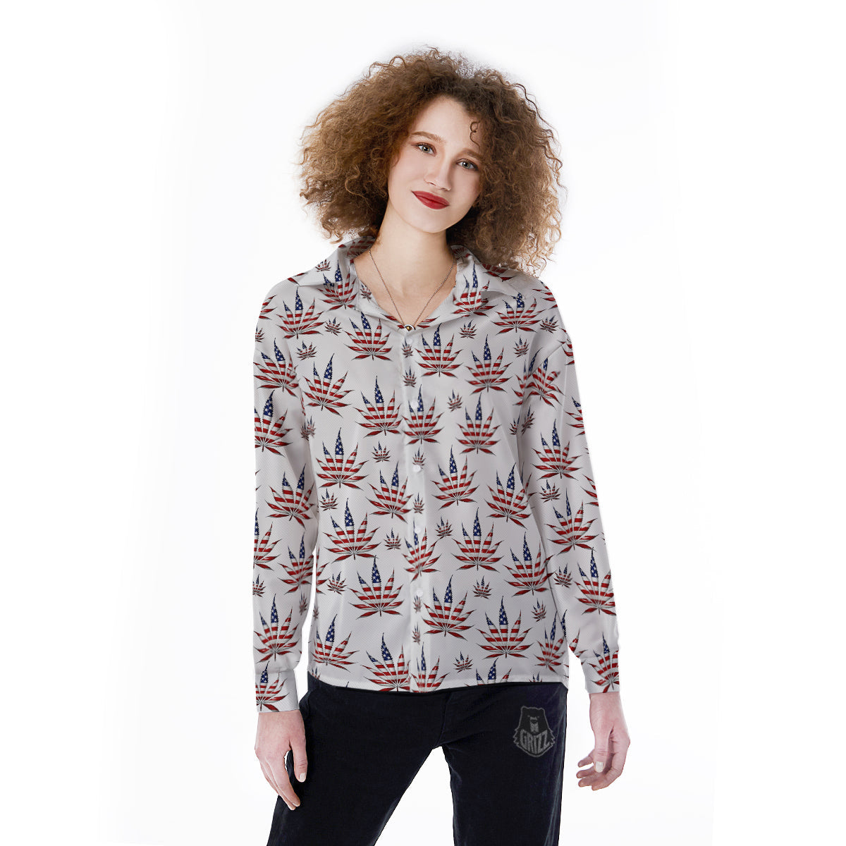 Marijuana Leaf American Print Pattern Women's Long Sleeve Shirts-grizzshop