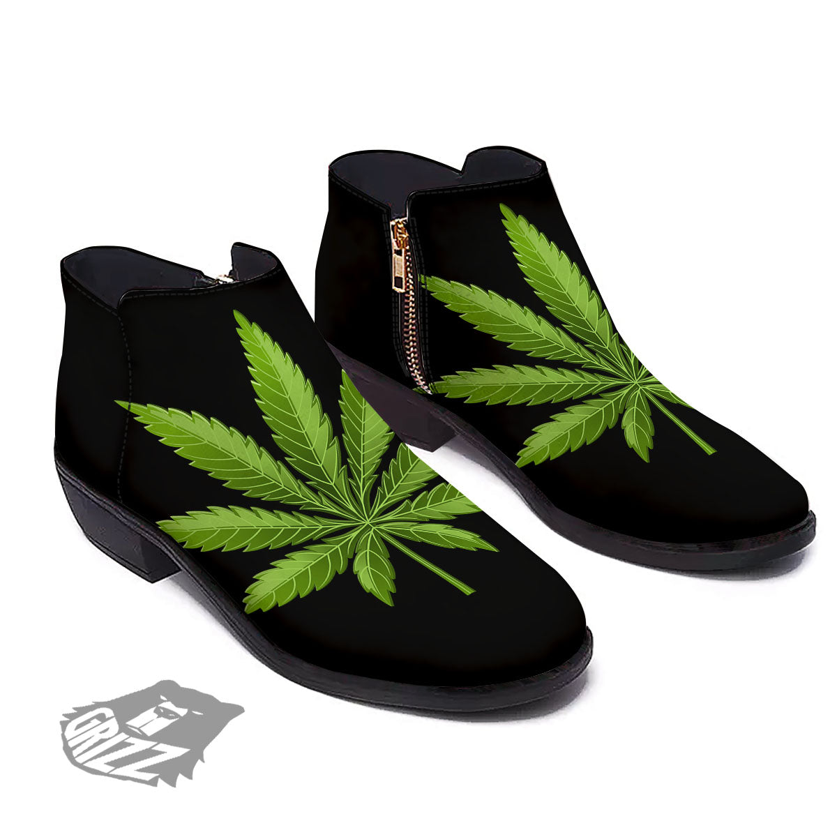 Marijuana Leaf Green Print Ankle Boots-grizzshop