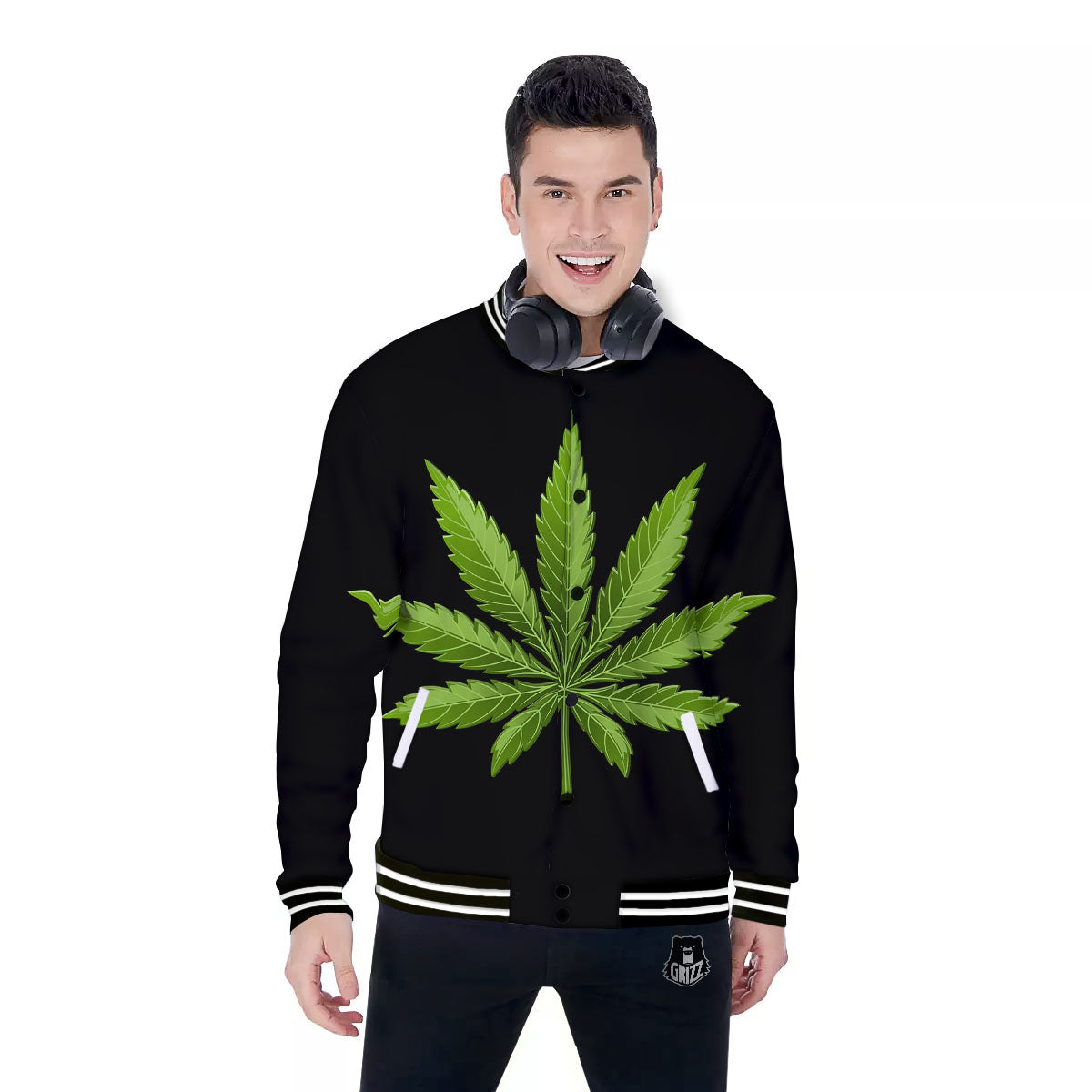 Marijuana Leaf Green Print Baseball Jacket-grizzshop