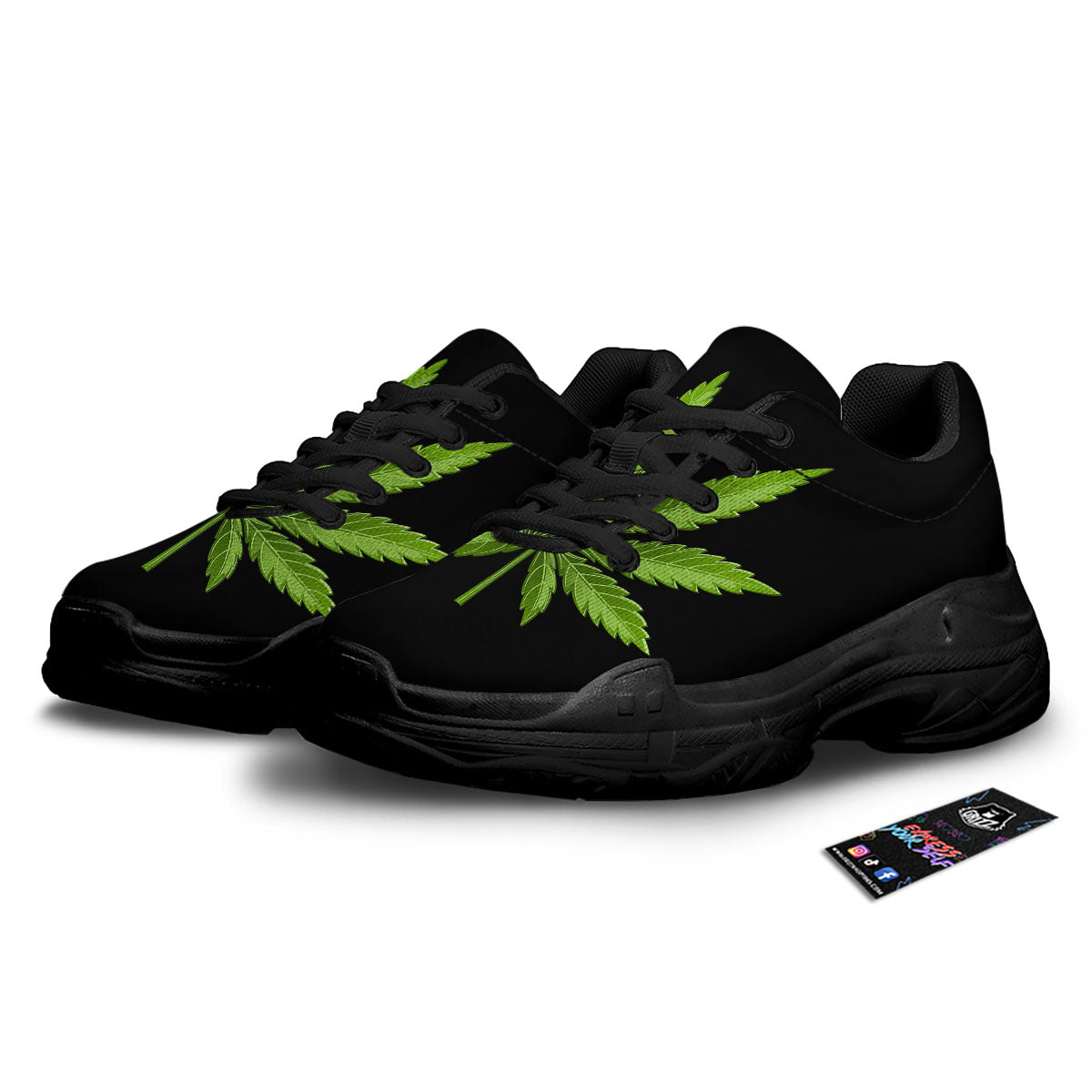Marijuana Leaf Green Print Black Chunky Shoes-grizzshop