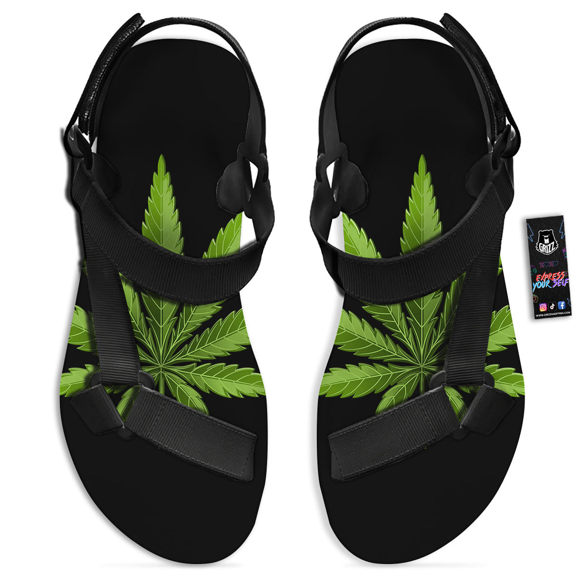 Marijuana Leaf Green Print Black Open Toe Sandals-grizzshop