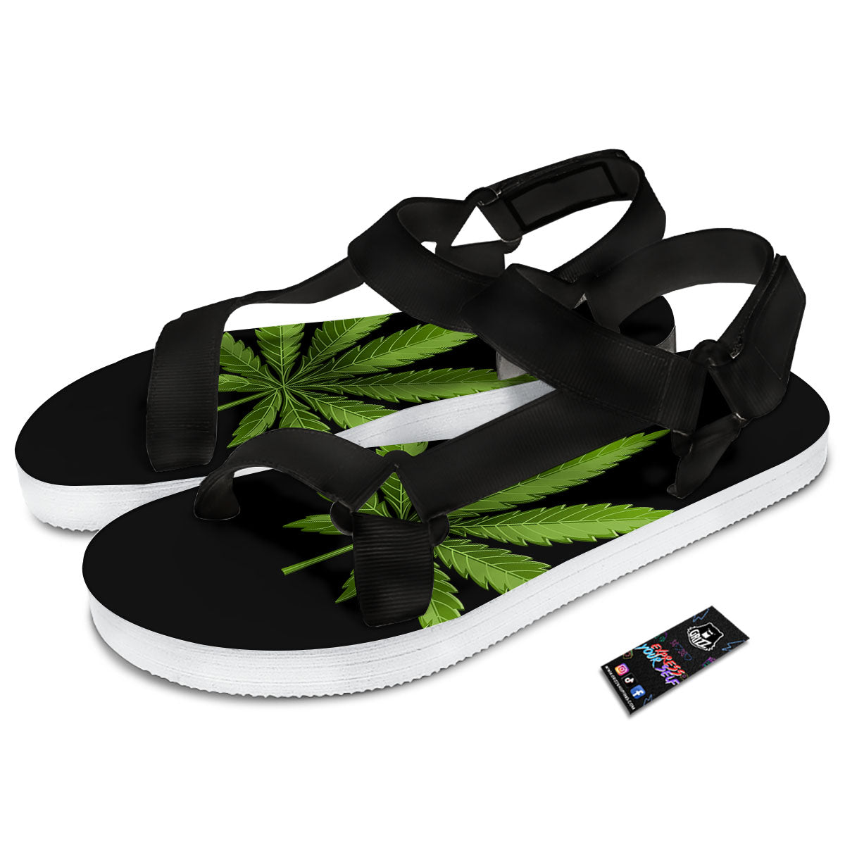 Marijuana Leaf Green Print Black Open Toe Sandals-grizzshop
