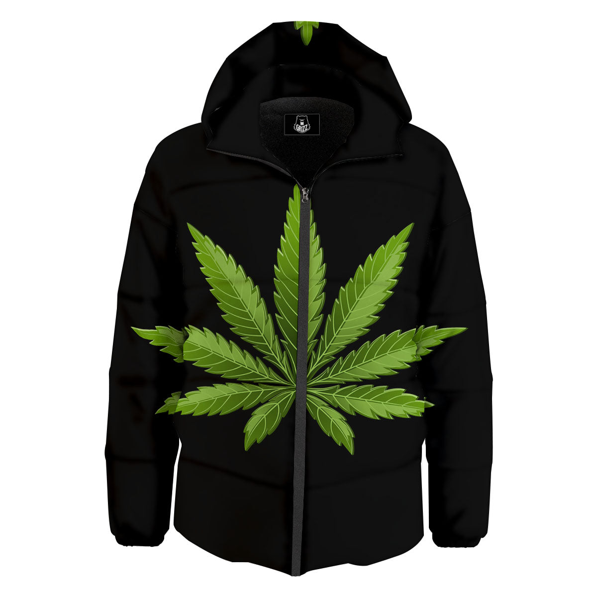 Marijuana Leaf Green Print Down Jacket-grizzshop