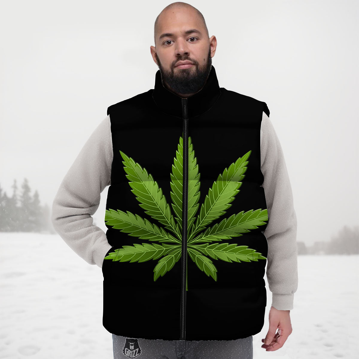 Marijuana Leaf Green Print Down Vest