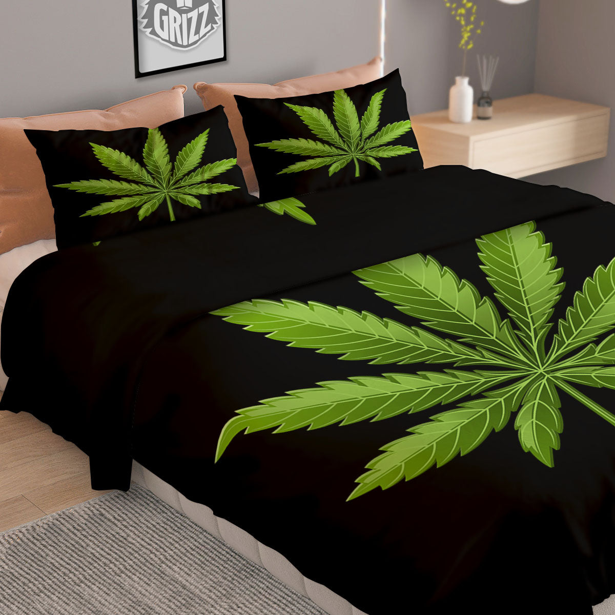Marijuana Leaf Green Print Duvet Cover Bedding Set