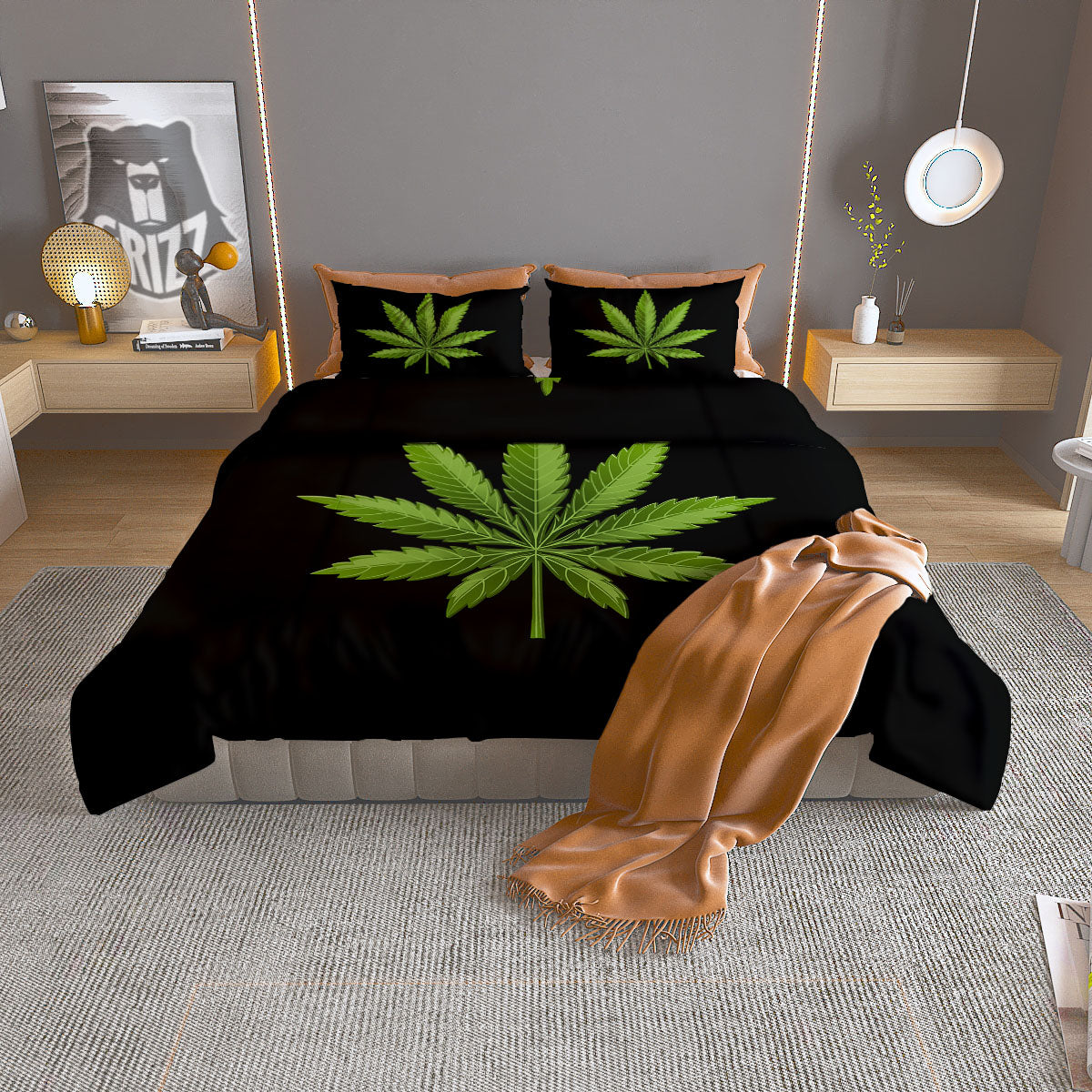 Marijuana Leaf Green Print Duvet Cover Bedding Set