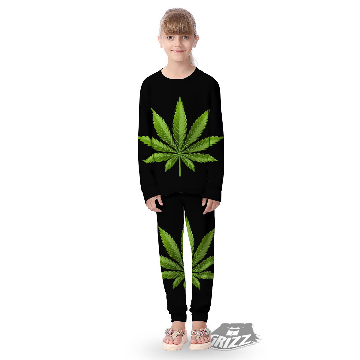 Marijuana Leaf Green Print Kid's Pajamas-grizzshop