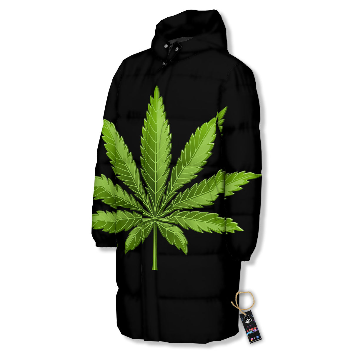 Marijuana Leaf Green Print Long Down Jacket-grizzshop