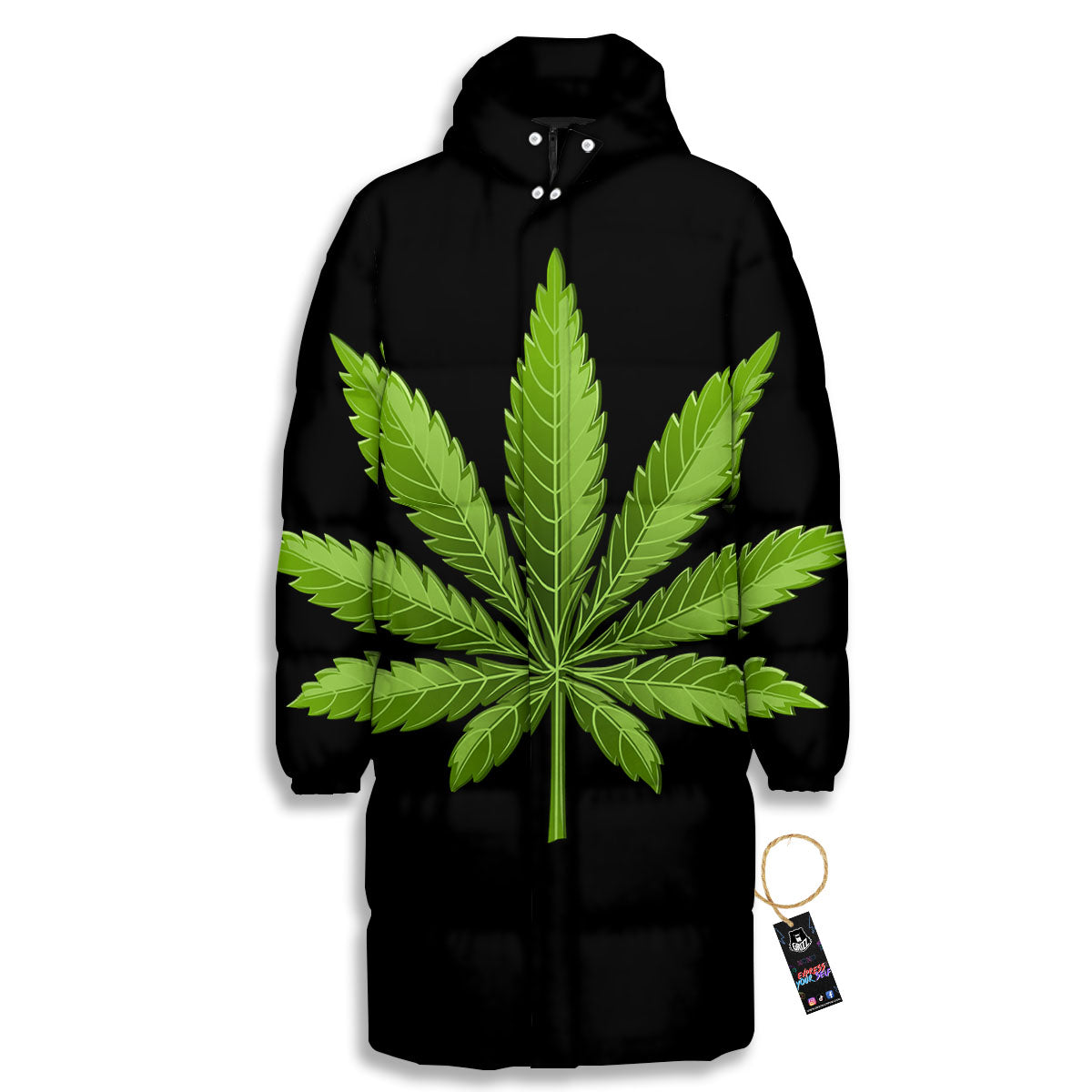 Marijuana Leaf Green Print Long Down Jacket-grizzshop