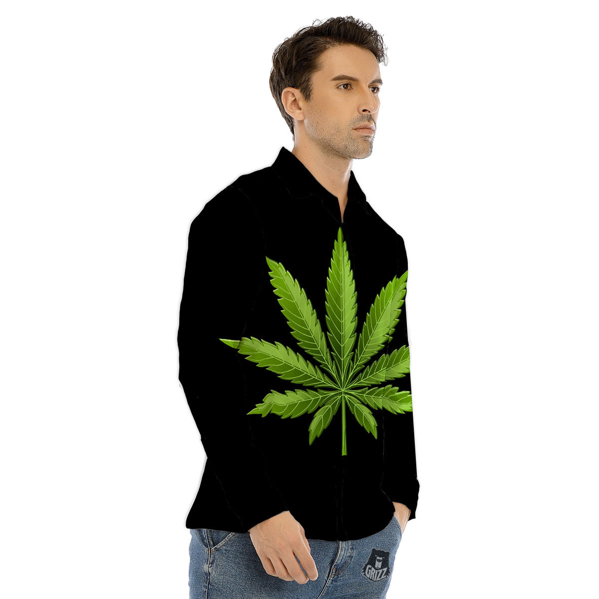 Marijuana Leaf Green Print Men's Dress Shirts-grizzshop