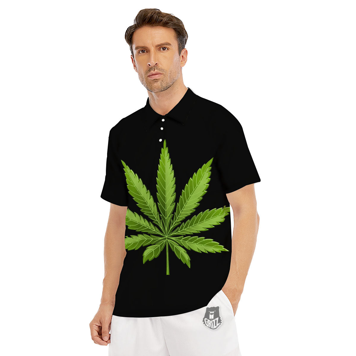 Marijuana Leaf Green Print Men's Golf Shirts-grizzshop