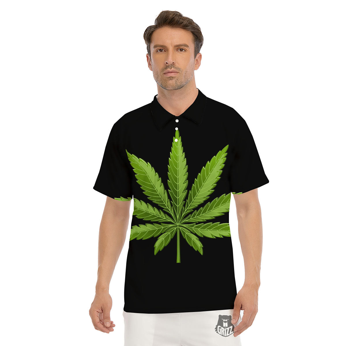 Marijuana Leaf Green Print Men's Golf Shirts-grizzshop