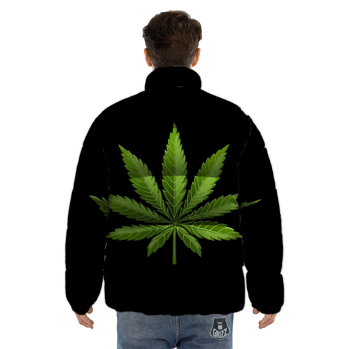 Marijuana Leaf Green Print Puffer Jacket-grizzshop
