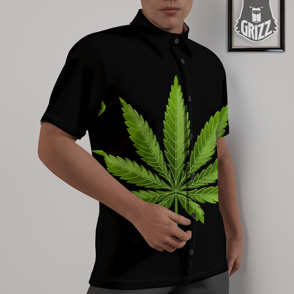 Marijuana Leaf Green Print Untucked Shirts-grizzshop