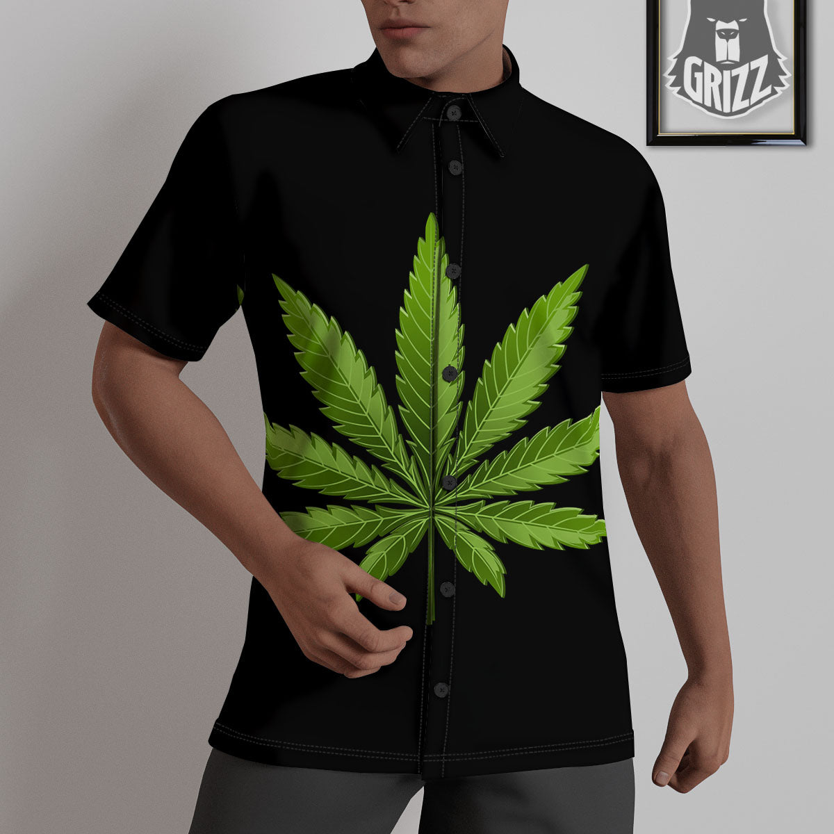Marijuana Leaf Green Print Untucked Shirts-grizzshop