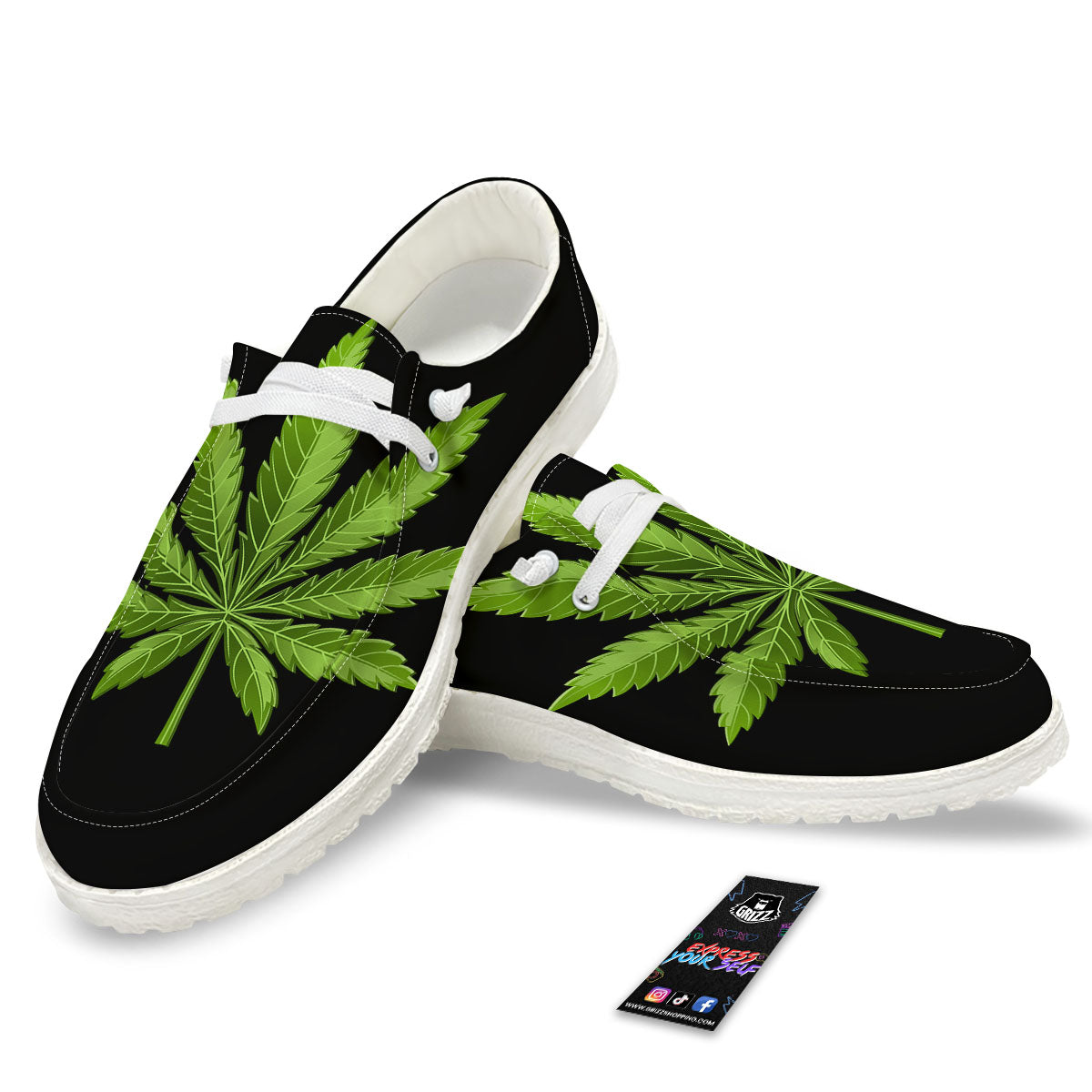 Marijuana Leaf Green Print White Loafers-grizzshop