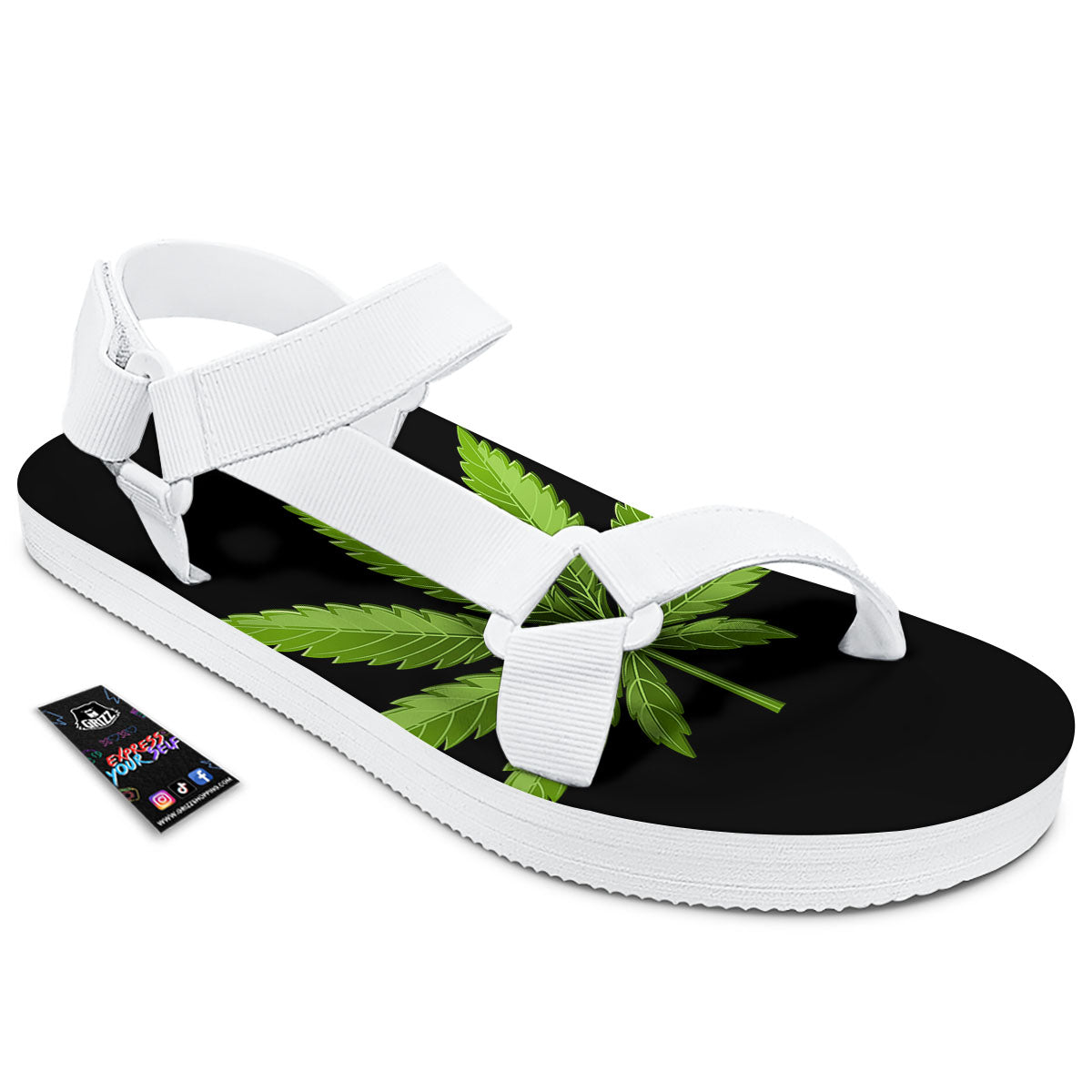Marijuana Leaf Green Print White Open Toe Sandals-grizzshop