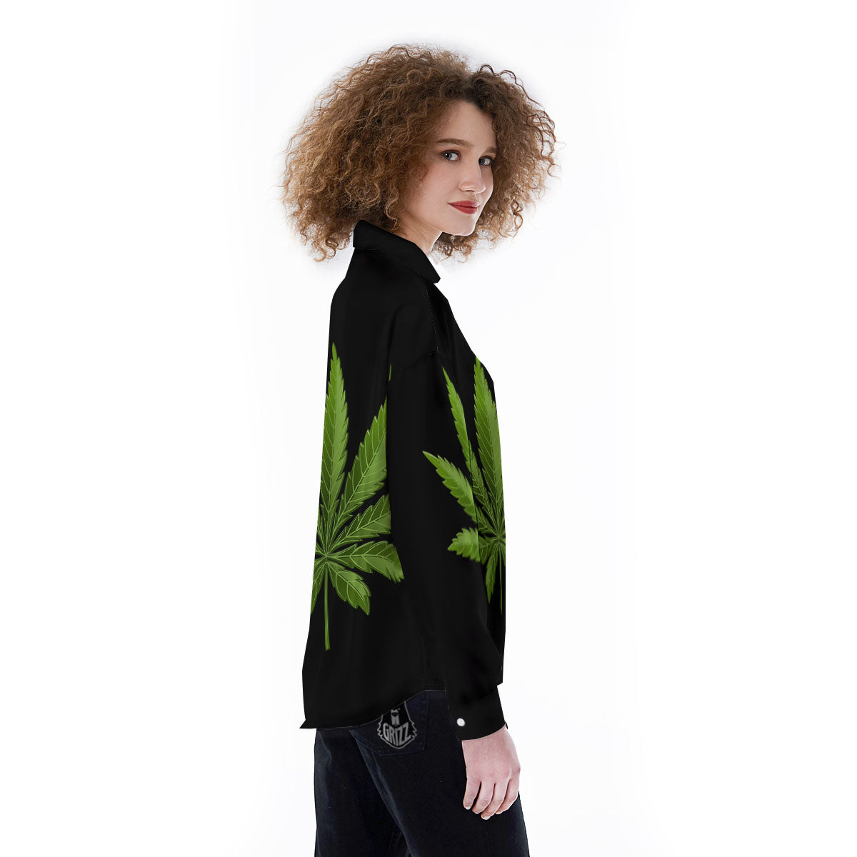 Marijuana Leaf Green Print Women's Long Sleeve Shirts-grizzshop