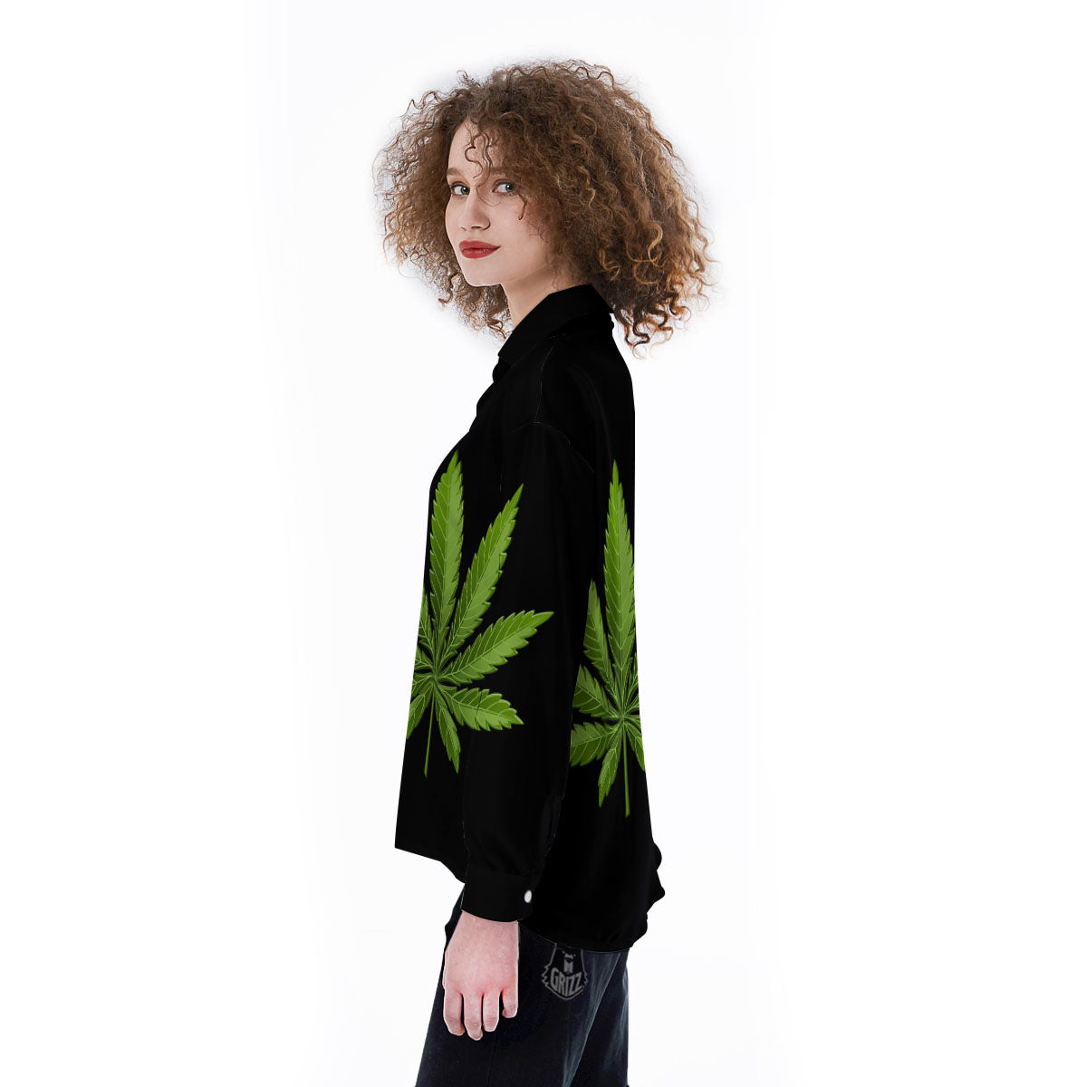 Marijuana Leaf Green Print Women's Long Sleeve Shirts-grizzshop