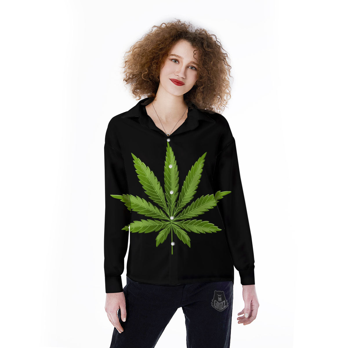Marijuana Leaf Green Print Women's Long Sleeve Shirts-grizzshop