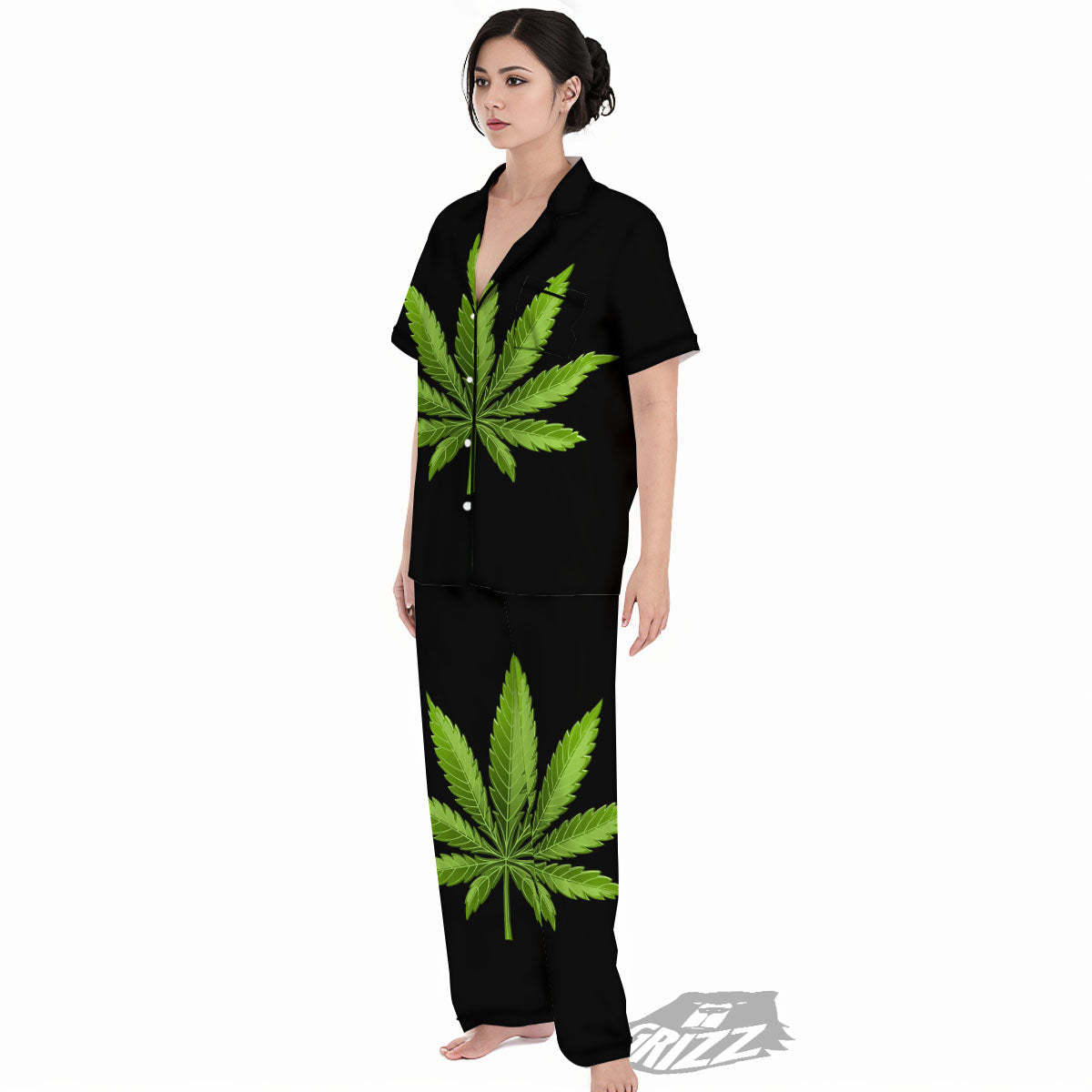 Marijuana Leaf Green Print Women's Pajamas Set-grizzshop