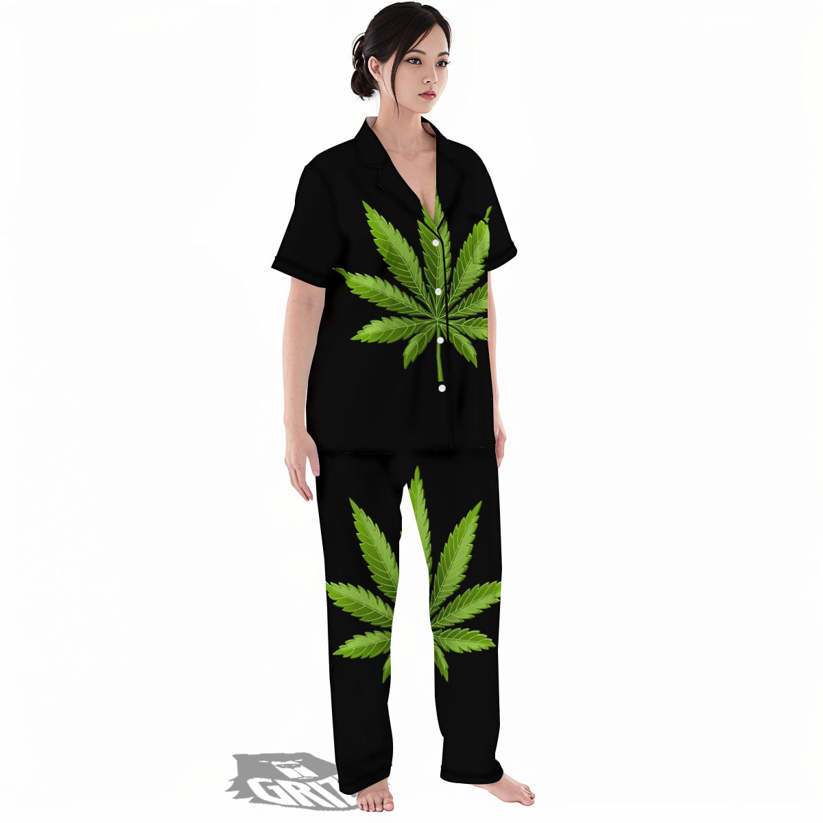 Marijuana Leaf Green Print Women's Pajamas Set-grizzshop