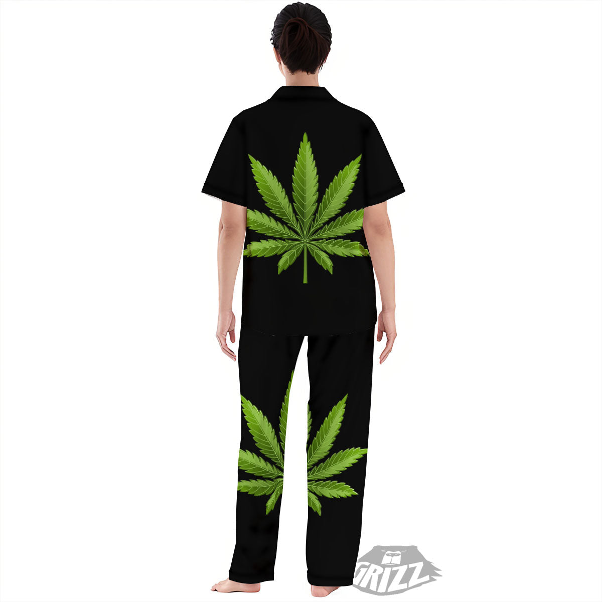 Marijuana Leaf Green Print Women's Pajamas Set-grizzshop