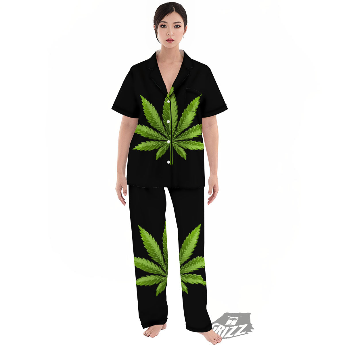 Marijuana Leaf Green Print Women's Pajamas Set-grizzshop