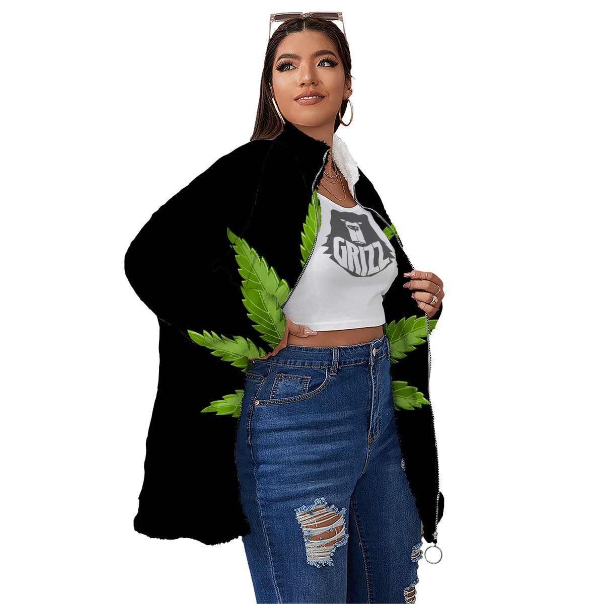 Marijuana Leaf Green Print Women's Sherpa Jacket-grizzshop
