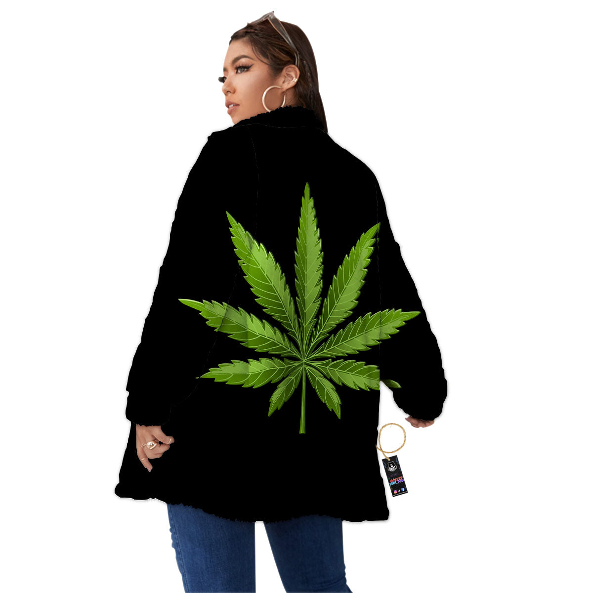 Marijuana Leaf Green Print Women's Sherpa Jacket-grizzshop