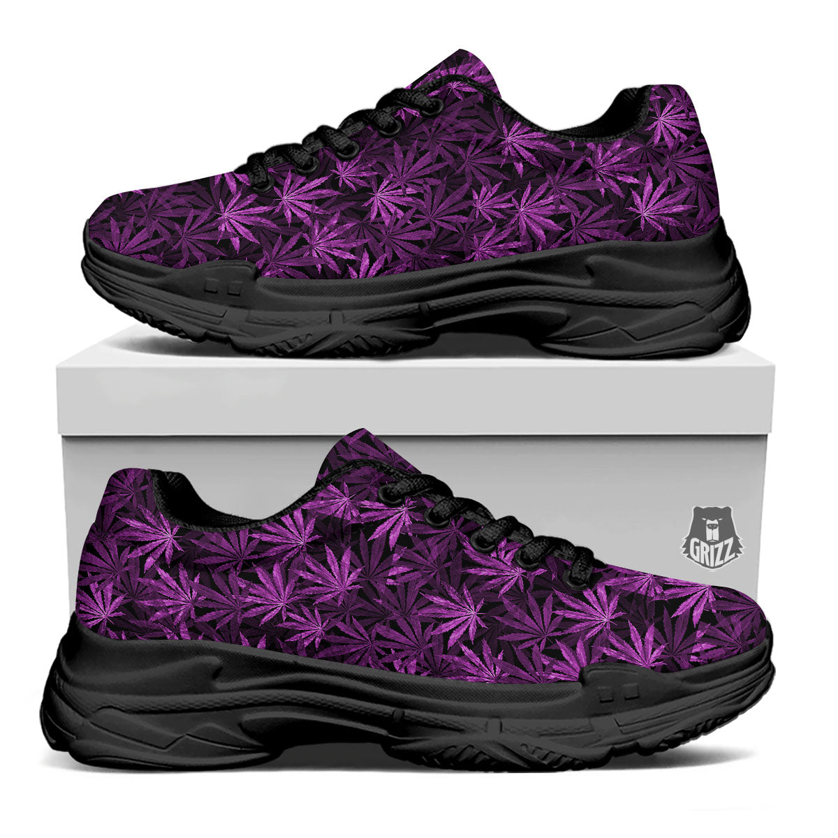Marijuana Leaf Purple Print Pattern Black Chunky Shoes-grizzshop