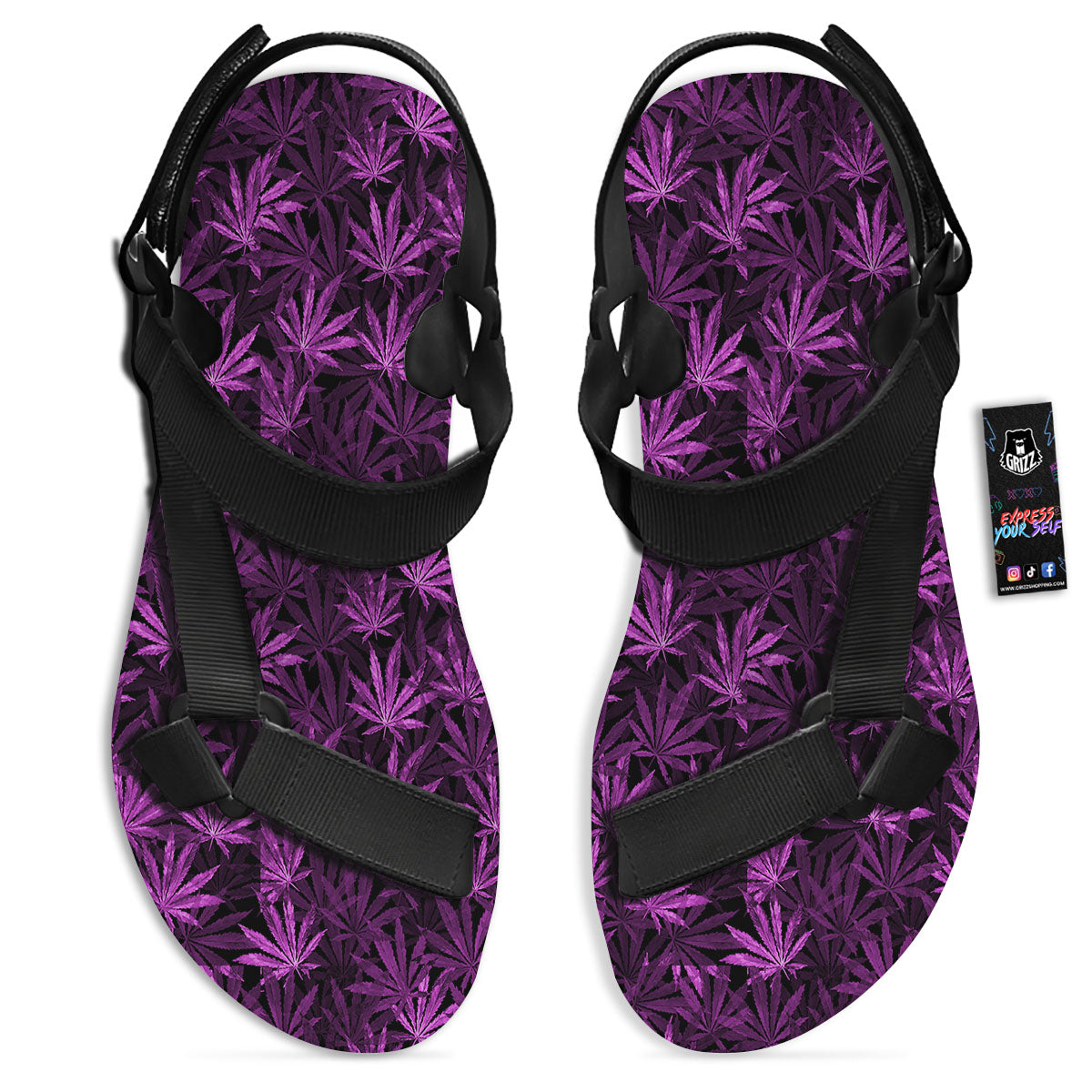 Marijuana Leaf Purple Print Pattern Black Open Toe Sandals-grizzshop