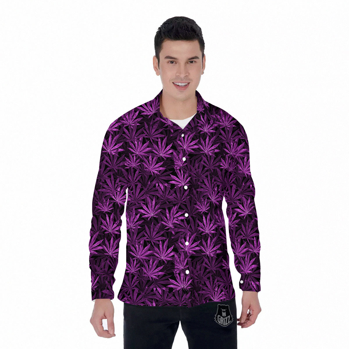 Marijuana Leaf Purple Print Pattern Men's Long Sleeve Shirts-grizzshop