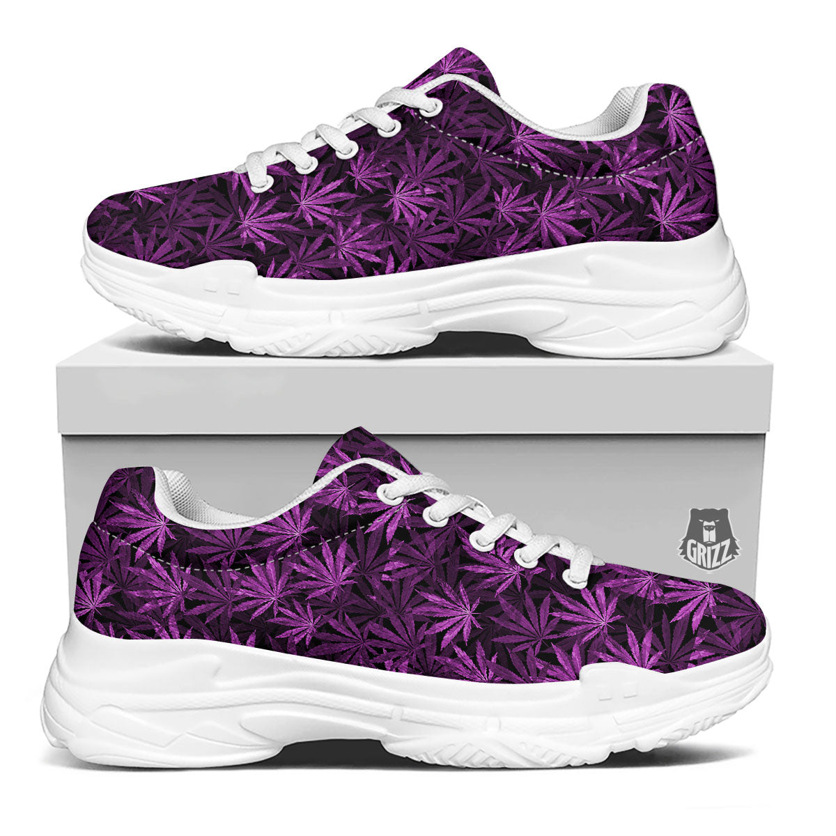 Marijuana Leaf Purple Print Pattern White Chunky Shoes-grizzshop