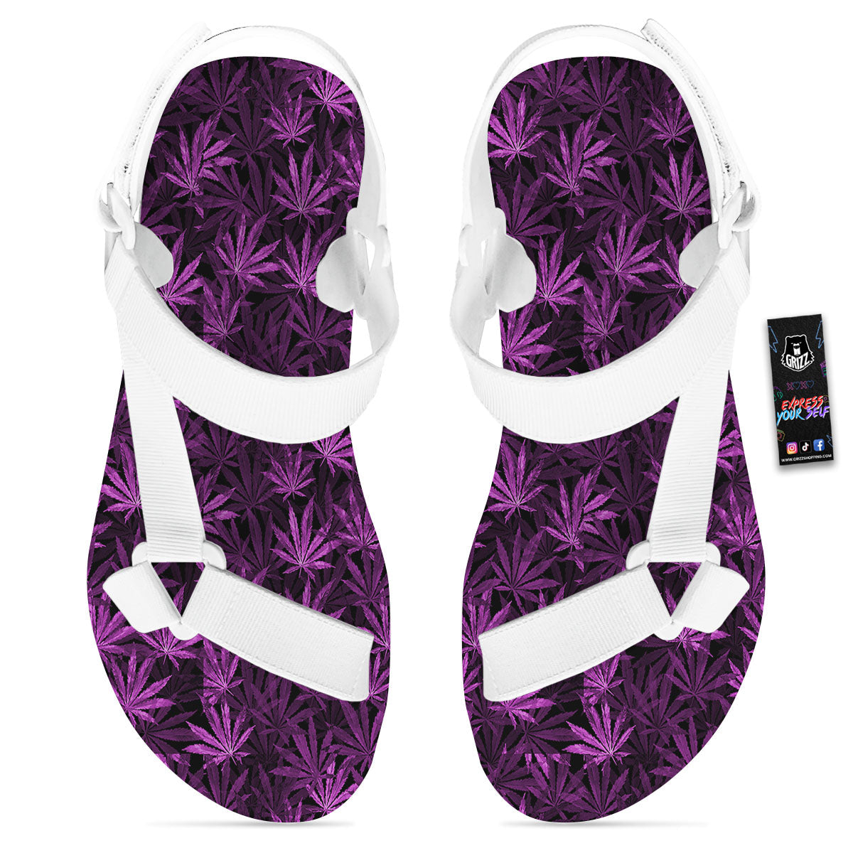 Marijuana Leaf Purple Print Pattern White Open Toe Sandals-grizzshop