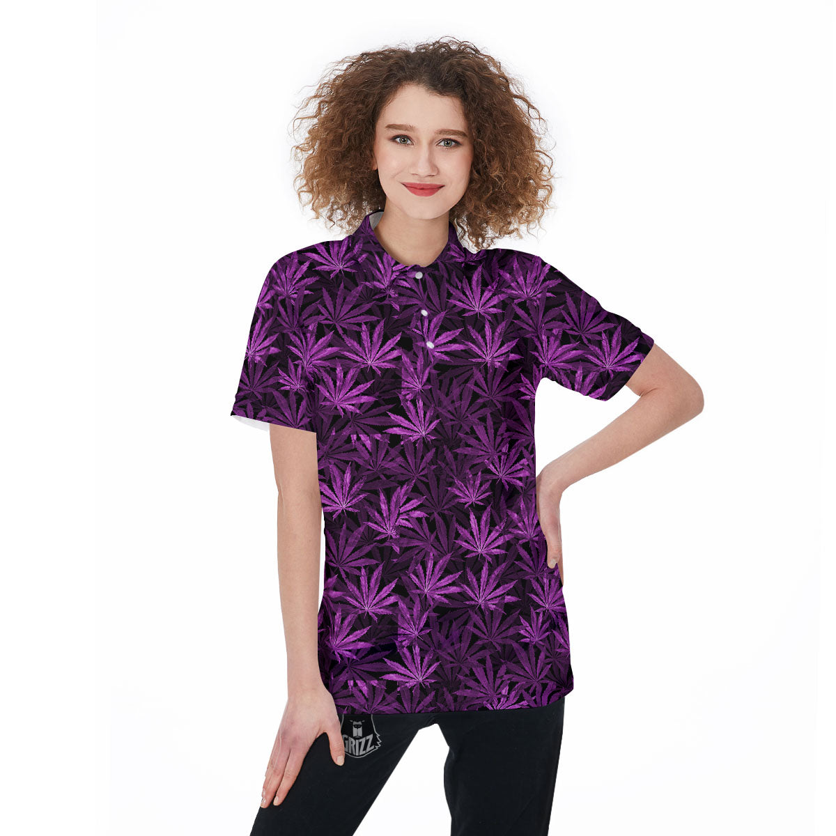 Marijuana Leaf Purple Print Pattern Women's Golf Shirts-grizzshop
