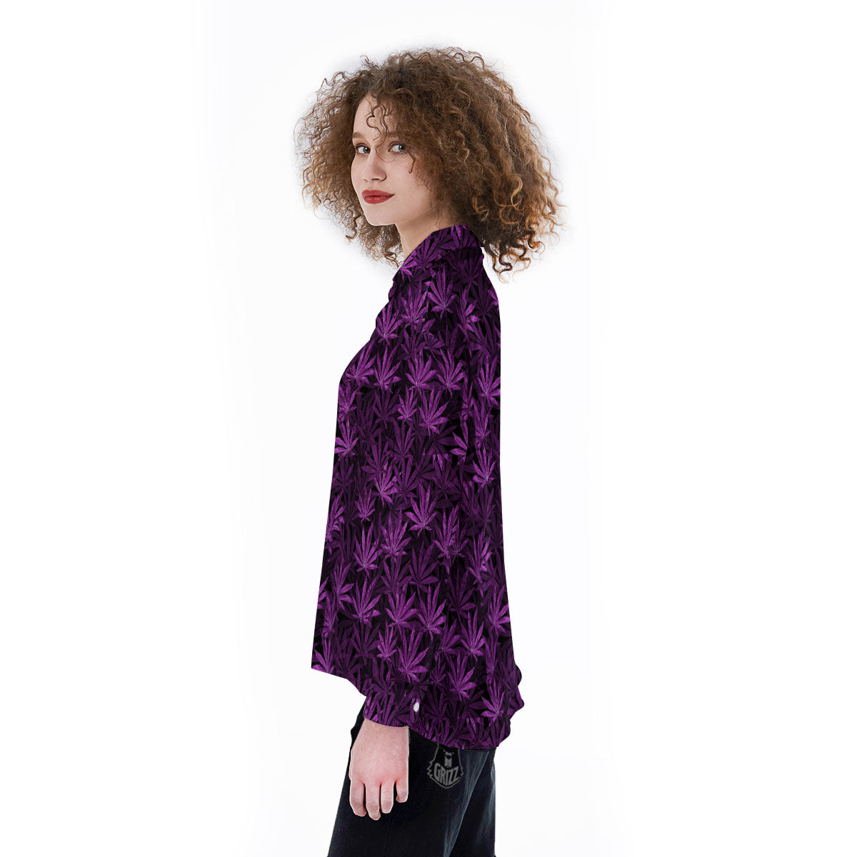 Marijuana Leaf Purple Print Pattern Women's Long Sleeve Shirts-grizzshop