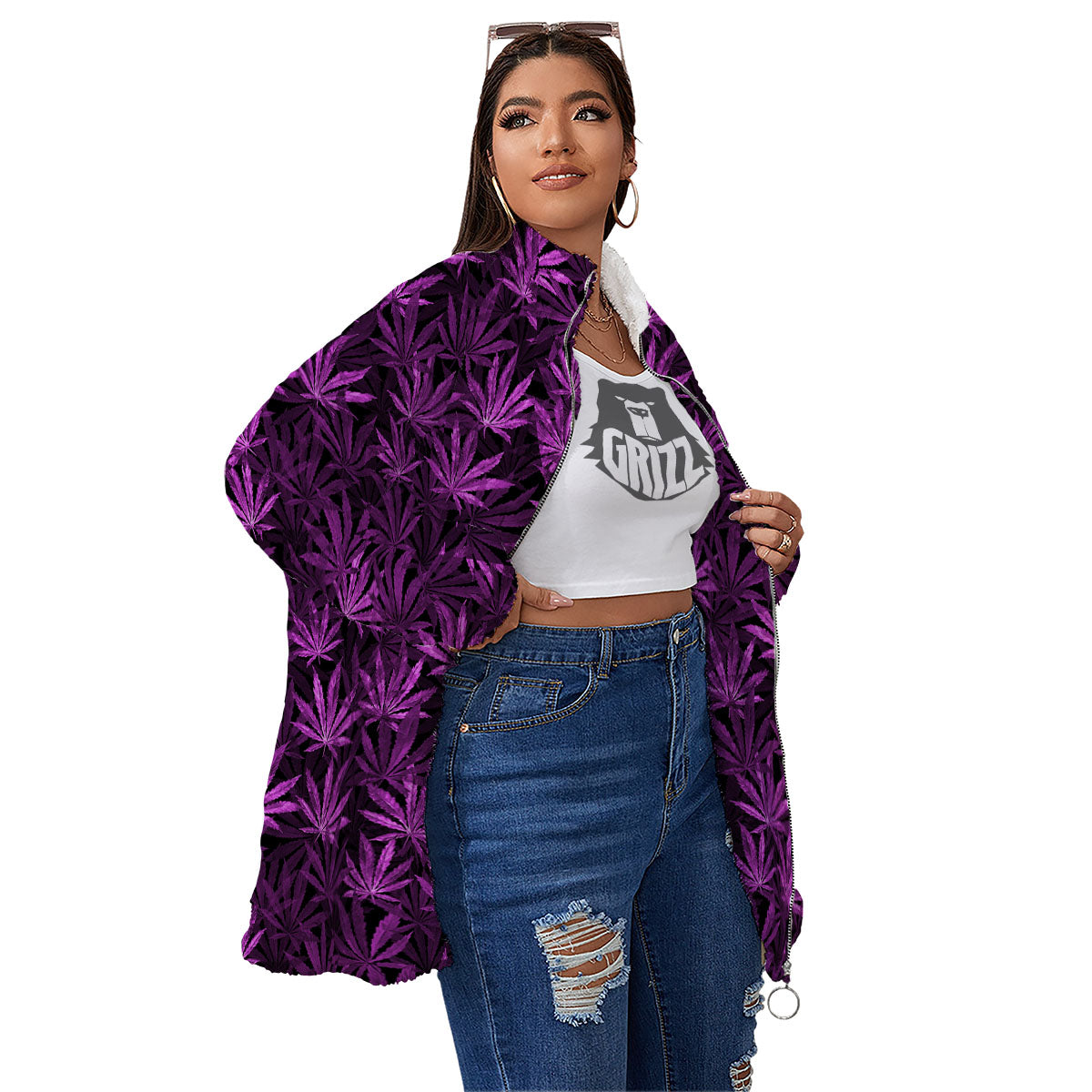 Marijuana Leaf Purple Print Pattern Women's Sherpa Jacket-grizzshop
