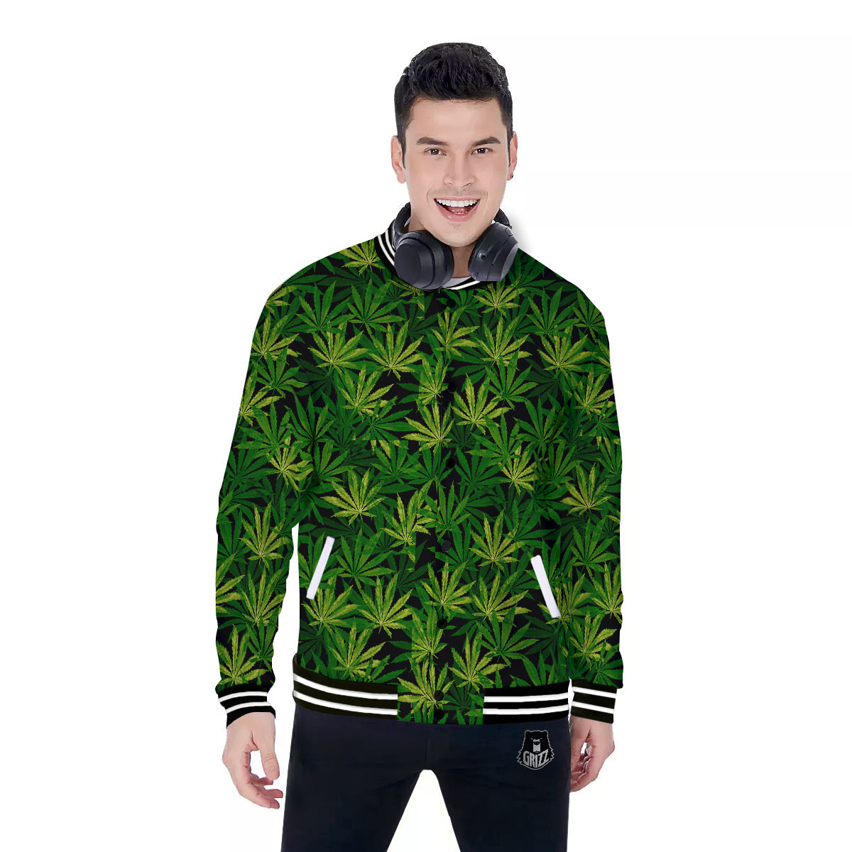 Marijuana Leaf Watercolor Print Pattern Baseball Jacket-grizzshop