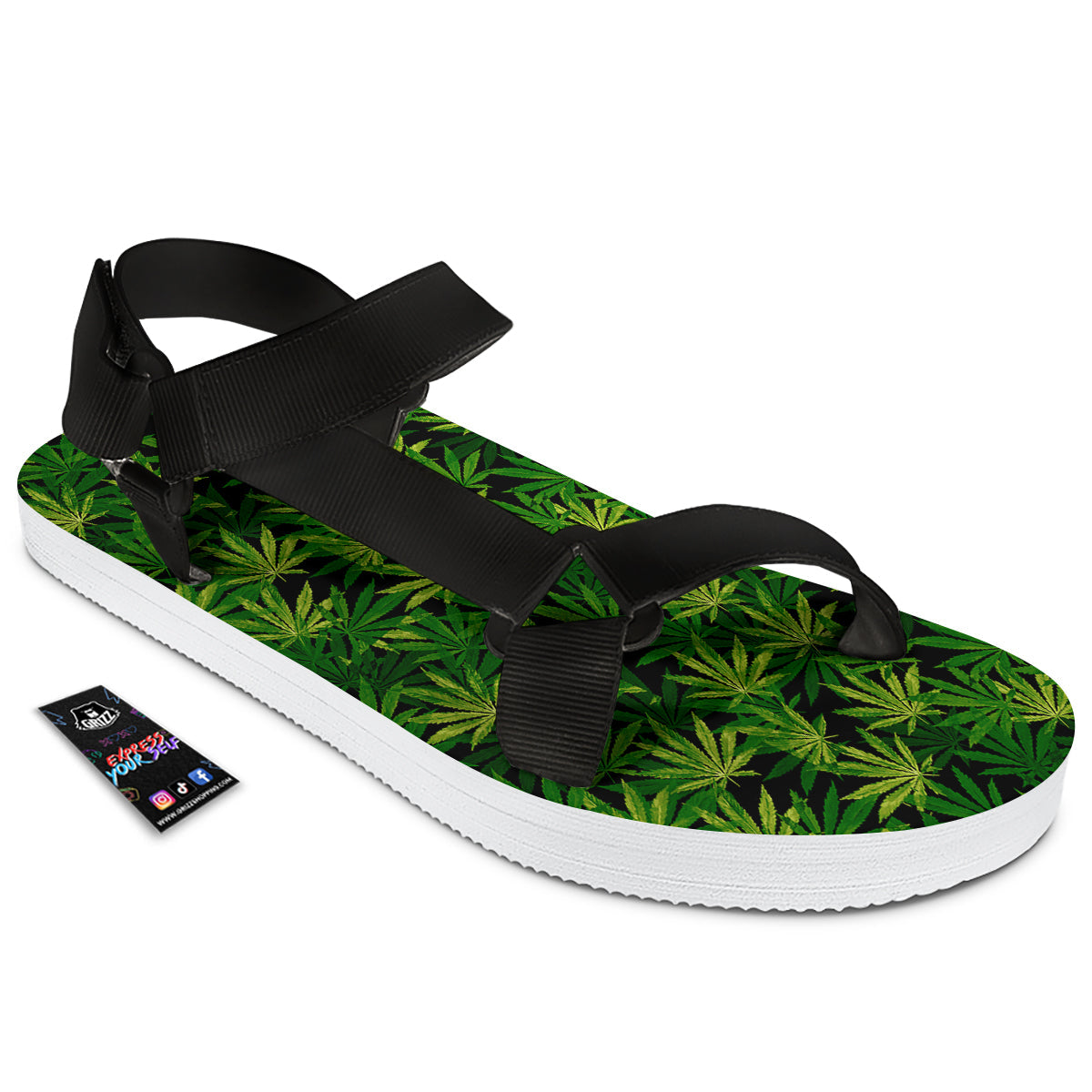 Marijuana Leaf Watercolor Print Pattern Black Open Toe Sandals-grizzshop