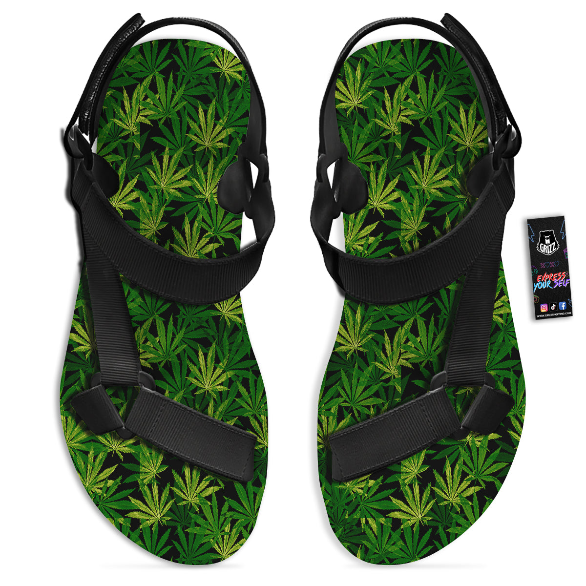 Marijuana Leaf Watercolor Print Pattern Black Open Toe Sandals-grizzshop