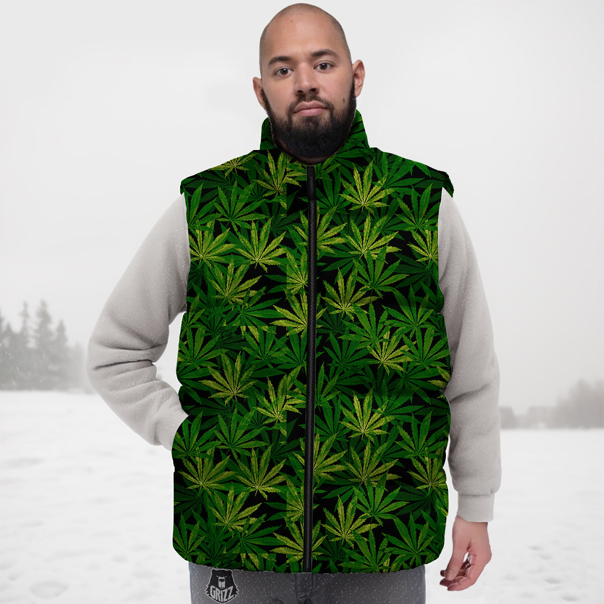 Marijuana Leaf Watercolor Print Pattern Down Vest