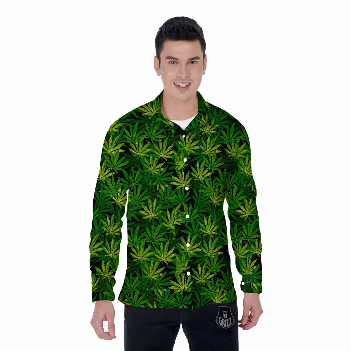 Marijuana Leaf Watercolor Print Pattern Men's Long Sleeve Shirts-grizzshop