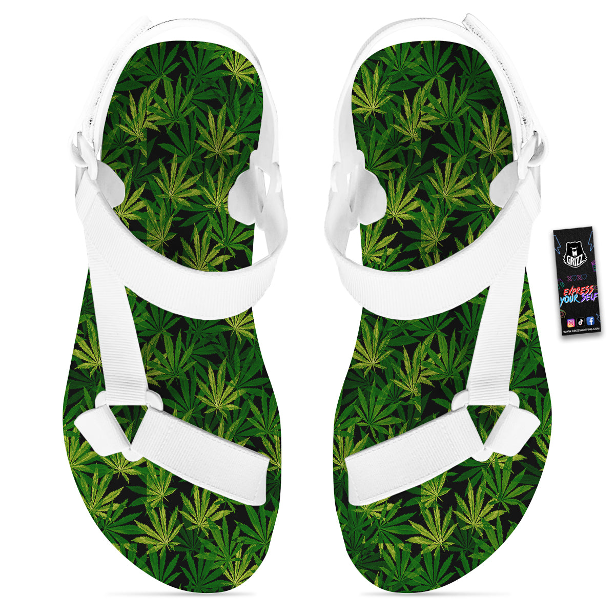 Marijuana Leaf Watercolor Print Pattern White Open Toe Sandals-grizzshop