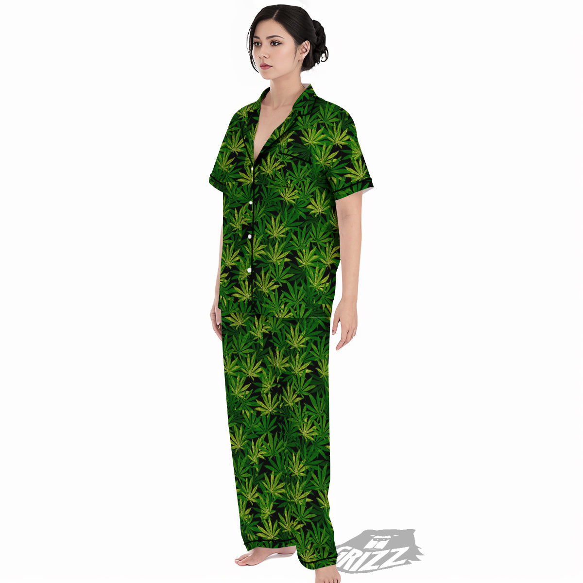 Marijuana Leaf Watercolor Print Pattern Women's Pajamas Set-grizzshop