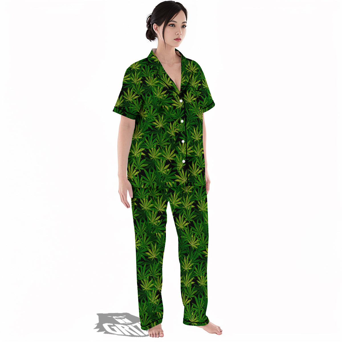 Marijuana Leaf Watercolor Print Pattern Women's Pajamas Set-grizzshop