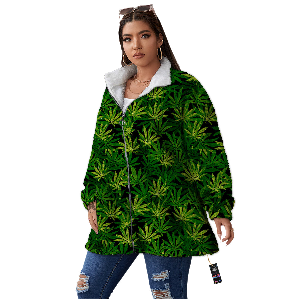 Marijuana Leaf Watercolor Print Pattern Women's Sherpa Jacket-grizzshop