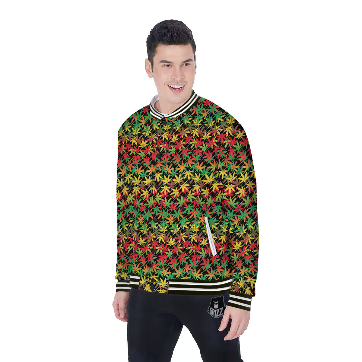 Marijuana Rasta Print Pattern Baseball Jacket-grizzshop