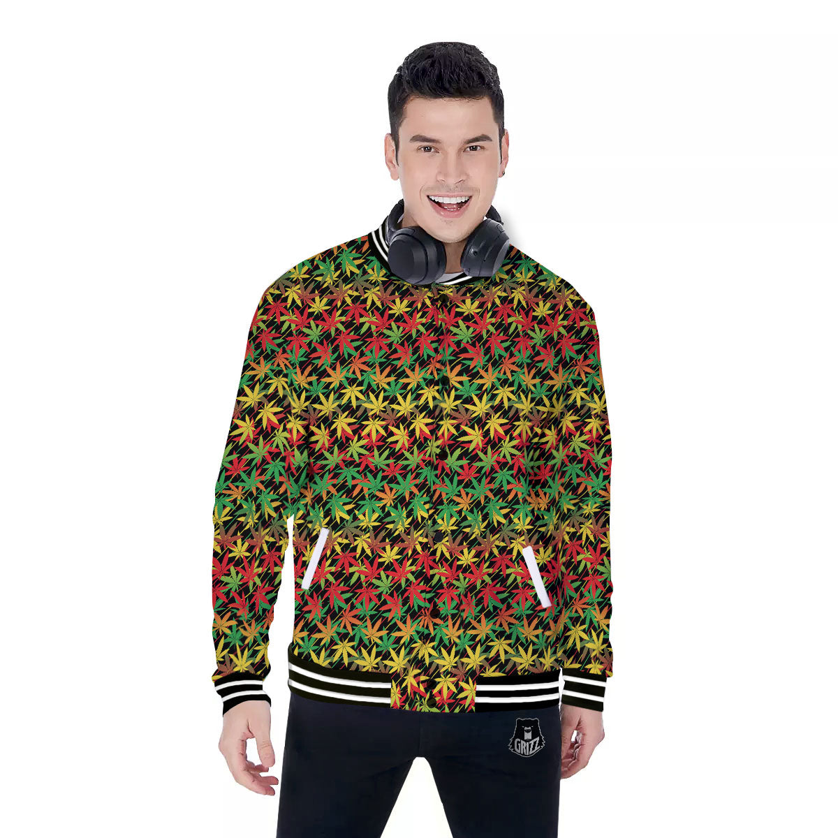 Marijuana Rasta Print Pattern Baseball Jacket-grizzshop