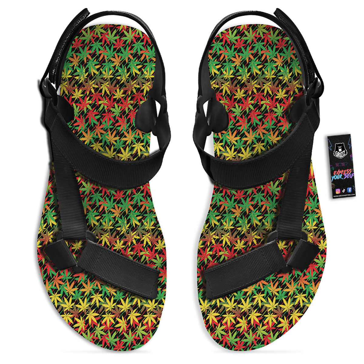 Marijuana Rasta Print Pattern Black Open Toe Sandals-grizzshop
